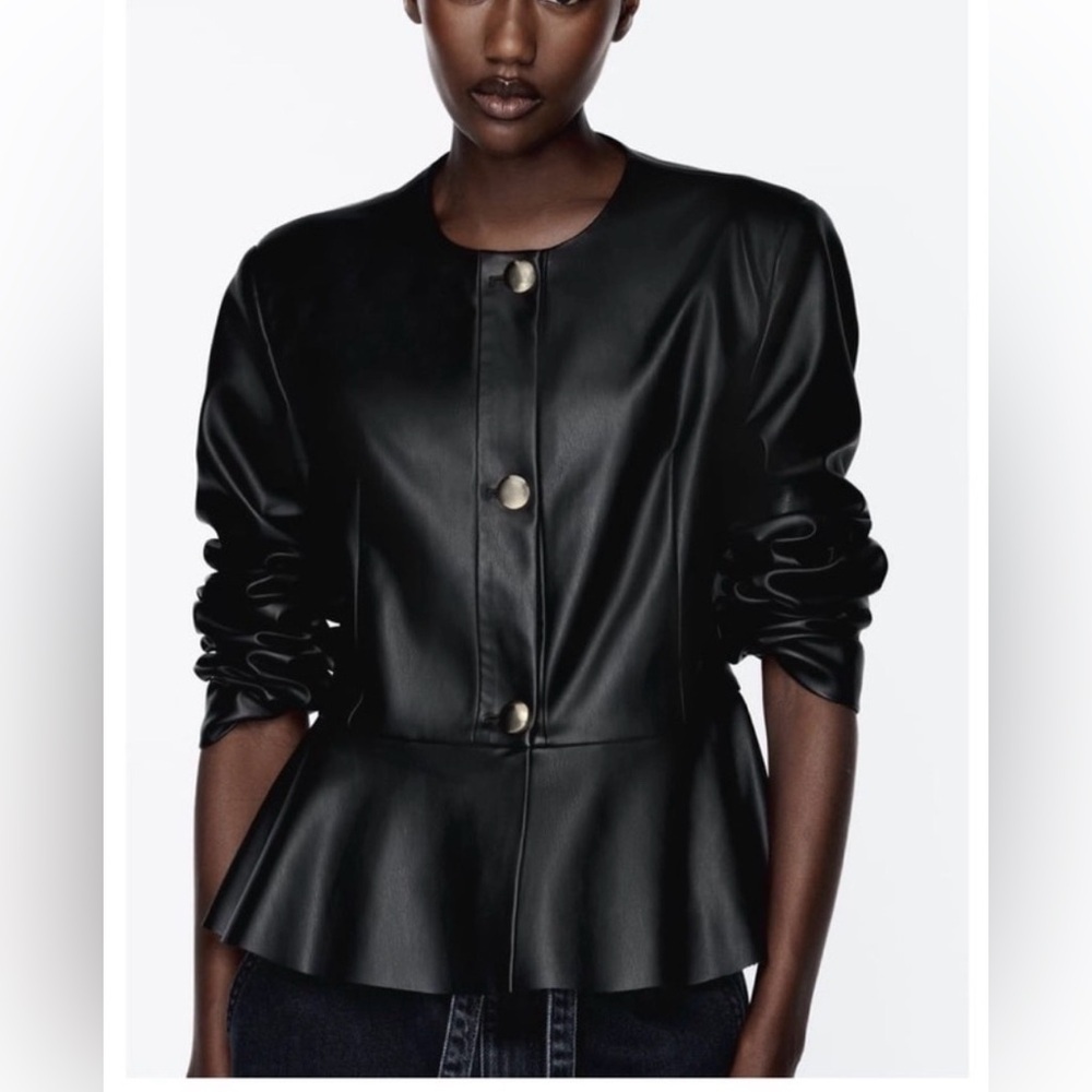 Baccini Vegan Leather Women’s Peplum Black Jacket Sz Large NWT